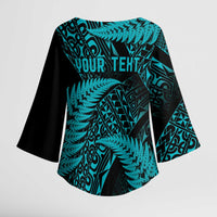 New Zealand Rugby Pacific Personalised Kimono Sleeve Blouse All Turquoise Maori Pasifika Fern Pattern - Polynesian Pride