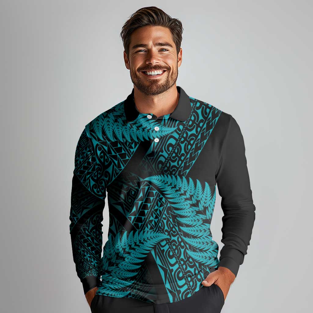 New Zealand Rugby Pacific Personalised Long Sleeve Polo Shirt All Turquoise Maori Pasifika Fern Pattern