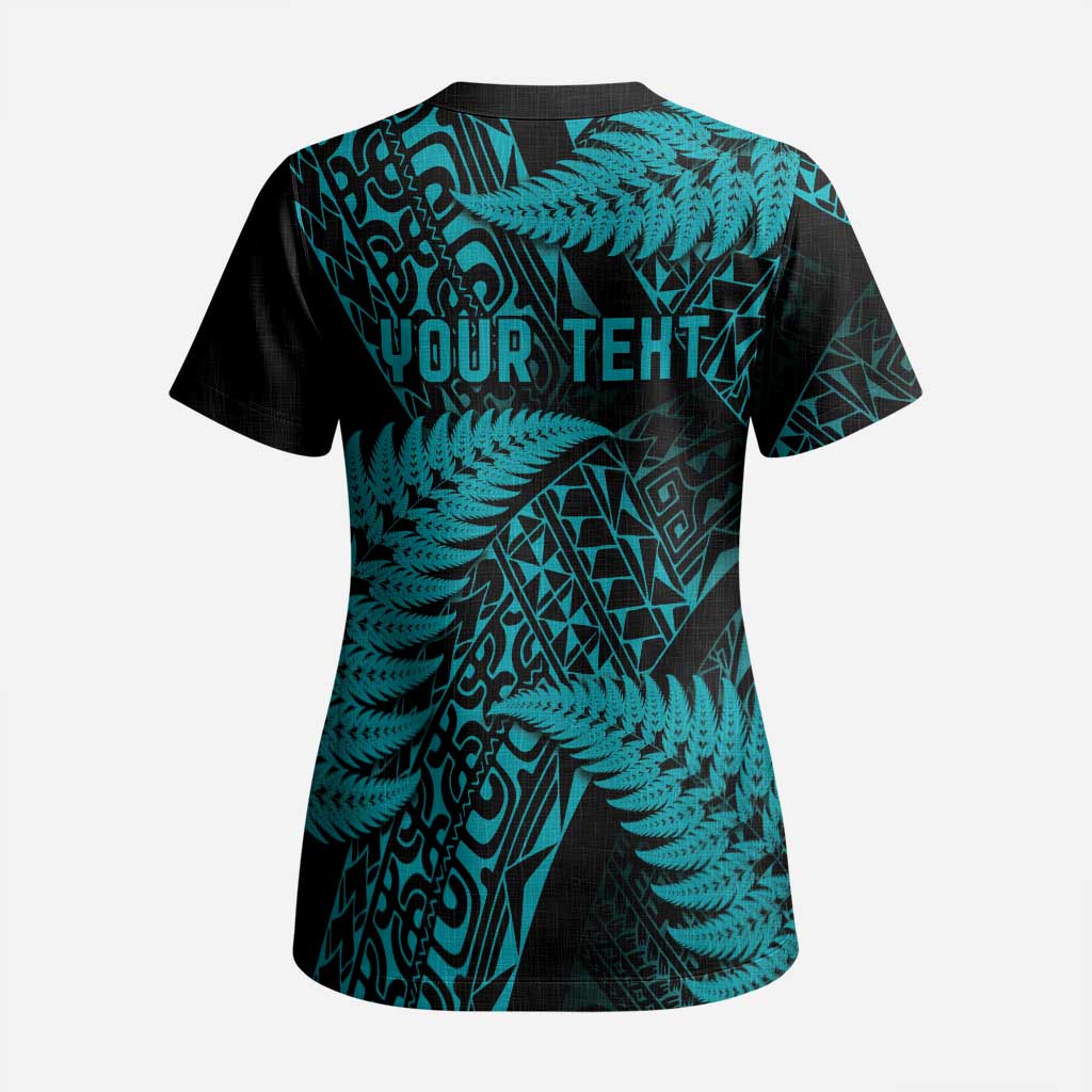 New Zealand Rugby Pacific Personalised Scrub Top All Turquoise Maori Pasifika Fern Pattern - Polynesian Pride