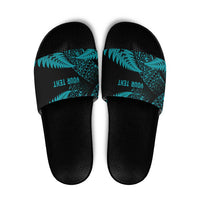 New Zealand Rugby Pacific Personalised Slide Sandals All Turquoise Maori Pasifika Fern Pattern - Polynesian Pride
