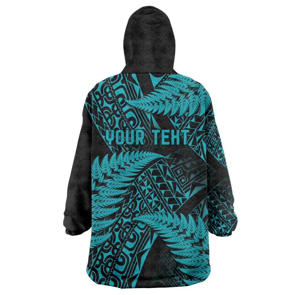New Zealand Rugby Pacific Personalised Wearable Blanket Hoodie All Turquoise Maori Pasifika Fern Pattern