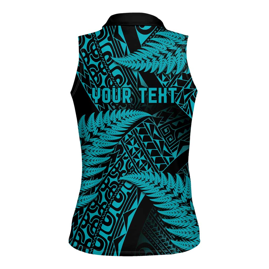 New Zealand Rugby Pacific Personalised Women Sleeveless Polo Shirt All Turquoise Maori Pasifika Fern Pattern