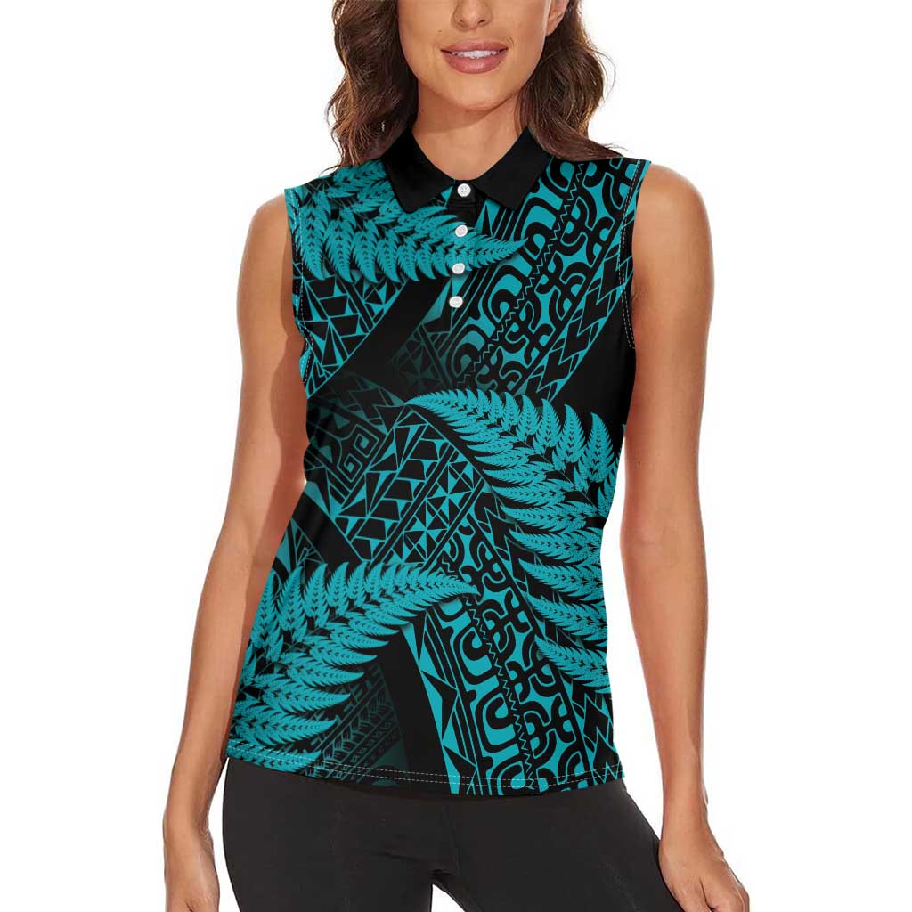 New Zealand Rugby Pacific Personalised Women Sleeveless Polo Shirt All Turquoise Maori Pasifika Fern Pattern