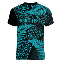 New Zealand Rugby Pacific Personalised Women V-Neck T-Shirt All Turquoise Maori Pasifika Fern Pattern LT9 - Polynesian Pride