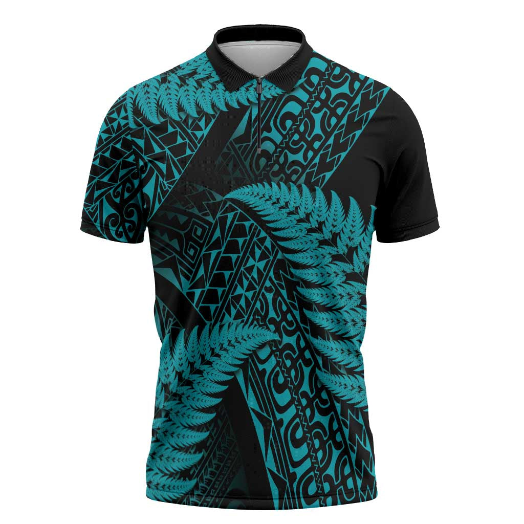 New Zealand Rugby Pacific Personalised Zipper Polo Shirt All Turquoise Maori Pasifika Fern Pattern - Polynesian Pride