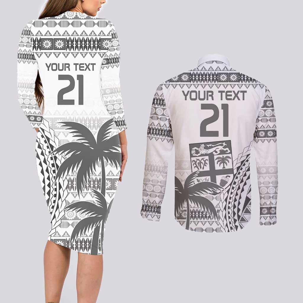 Custom Fiji Rugby Couples Matching Long Sleeve Bodycon Dress and Long Sleeve Button Shirt Polynesian Fijian Masi Palm Tree