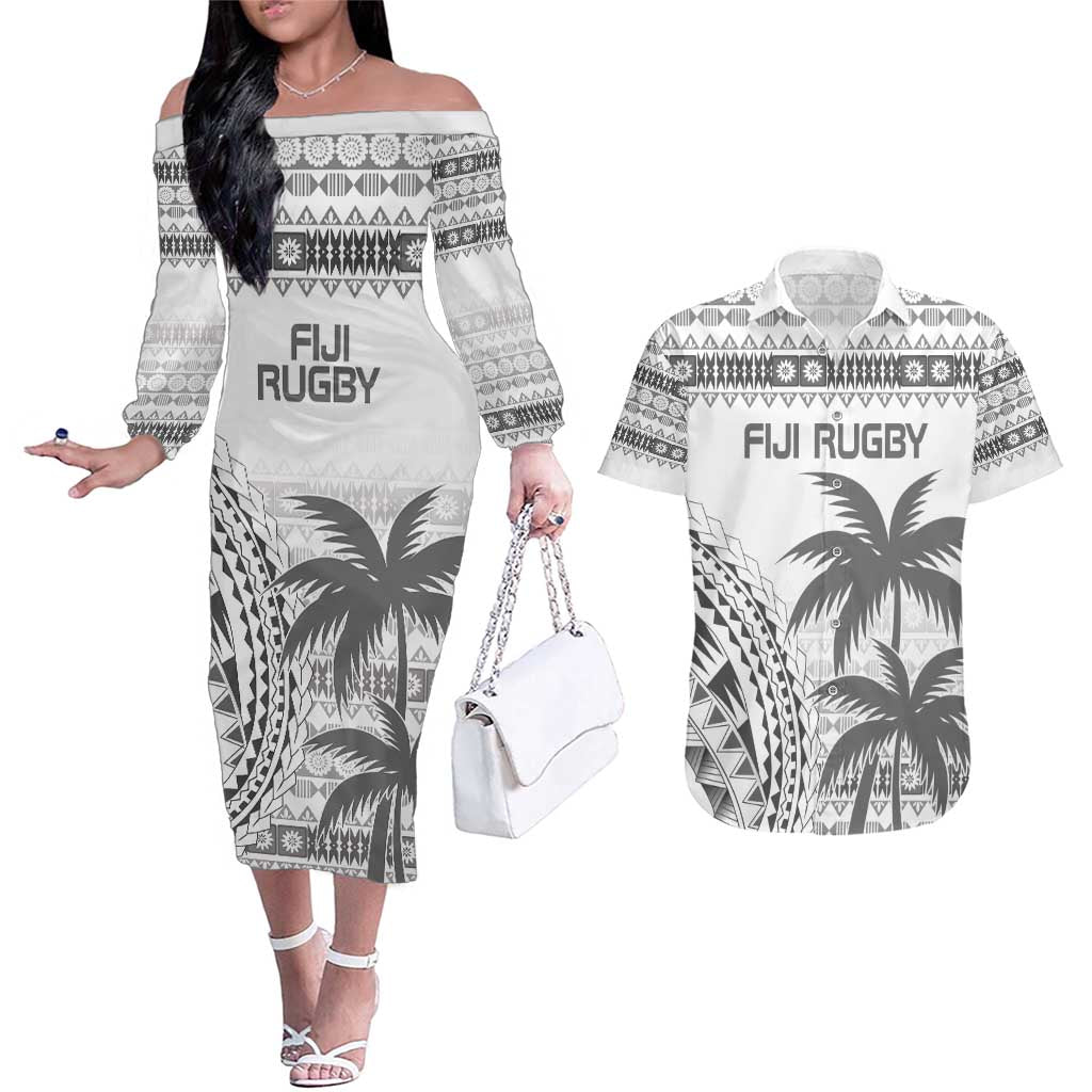Custom Fiji Rugby Couples Matching Off The Shoulder Long Sleeve Dress and Hawaiian Shirt Polynesian Fijian Masi Palm Tree