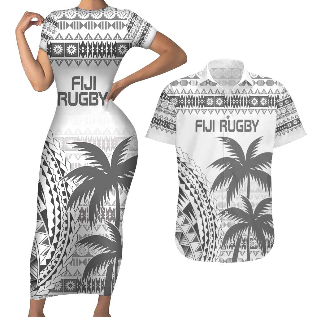 Custom Fiji Rugby Couples Matching Short Sleeve Bodycon Dress and Hawaiian Shirt Polynesian Fijian Masi Palm Tree