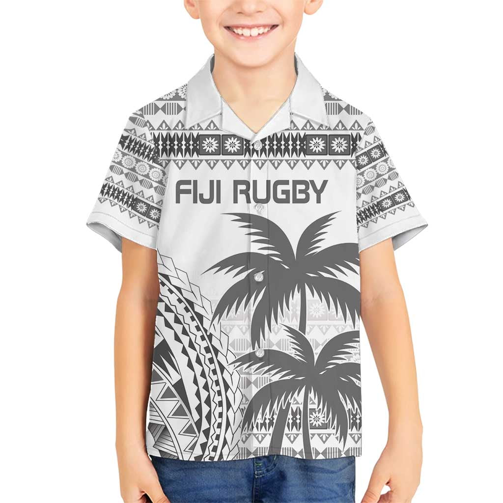 Custom Fiji Rugby Family Matching Long Sleeve Bodycon Dress and Hawaiian Shirt Polynesian Fijian Masi Palm Tree LT9 Son's Shirt White - Polynesian Pride