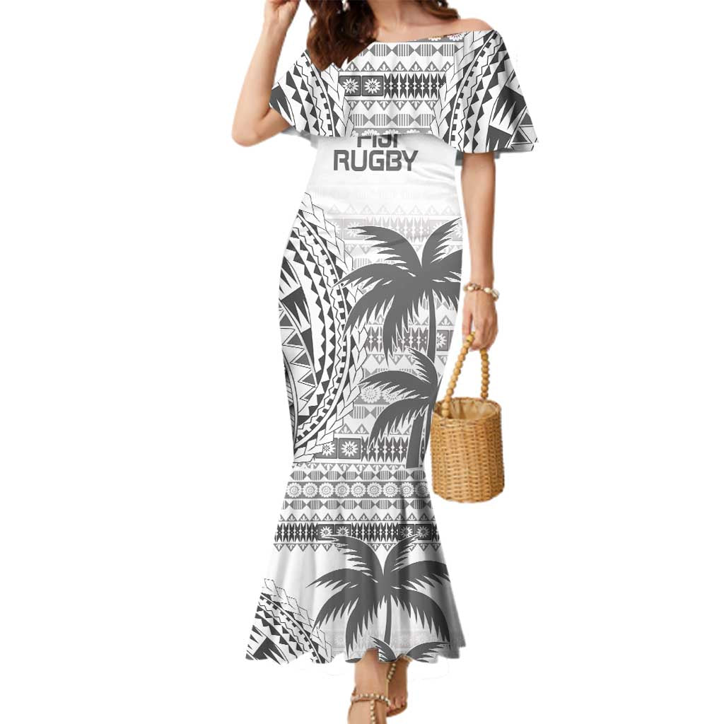 Custom Fiji Rugby Family Matching Mermaid Dress and Hawaiian Shirt Polynesian Fijian Masi Palm Tree LT9 Mom's Dress White - Polynesian Pride
