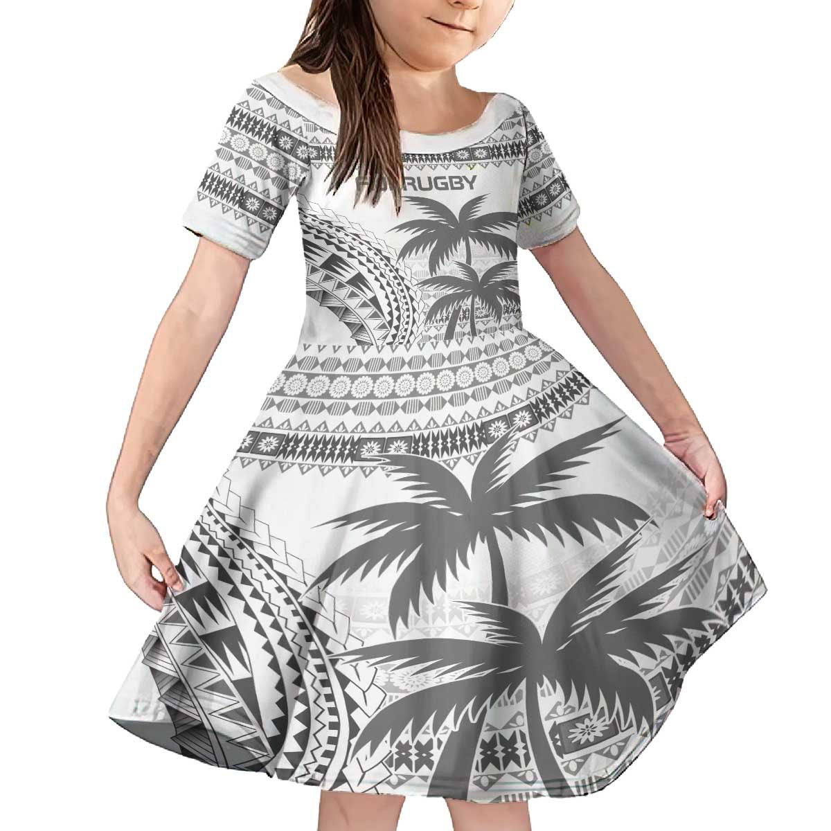 Custom Fiji Rugby Family Matching Puletasi and Hawaiian Shirt Polynesian Fijian Masi Palm Tree LT9 Daughter's Dress White - Polynesian Pride