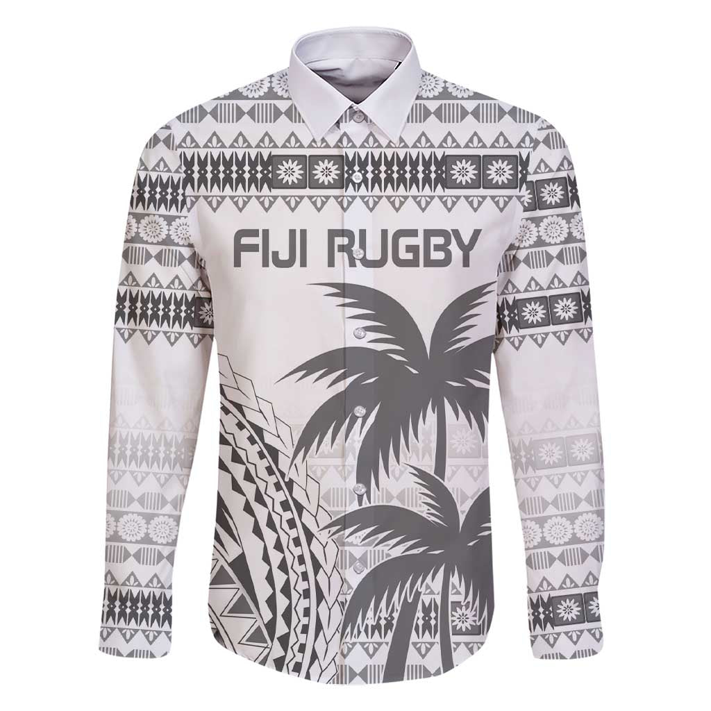 Custom Fiji Rugby Family Matching Short Sleeve Bodycon Dress and Hawaiian Shirt Polynesian Fijian Masi Palm Tree LT9 Dad's Shirt - Long Sleeve White - Polynesian Pride