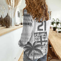 Custom Fiji Rugby Women Casual Shirt Polynesian Fijian Masi Palm Tree
