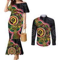 Vanuatu Personalised Couples Matching Mermaid Dress and Long Sleeve Button Shirt Aboriginal Dot Paitnting LT9 Black - Polynesian Pride