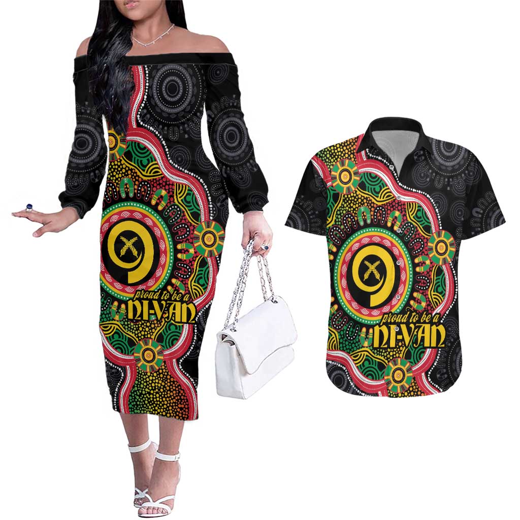 Vanuatu Personalised Couples Matching Off The Shoulder Long Sleeve Dress and Hawaiian Shirt Aboriginal Dot Paitnting - Polynesian Pride