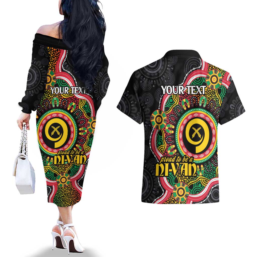 Vanuatu Personalised Couples Matching Off The Shoulder Long Sleeve Dress and Hawaiian Shirt Aboriginal Dot Paitnting - Polynesian Pride