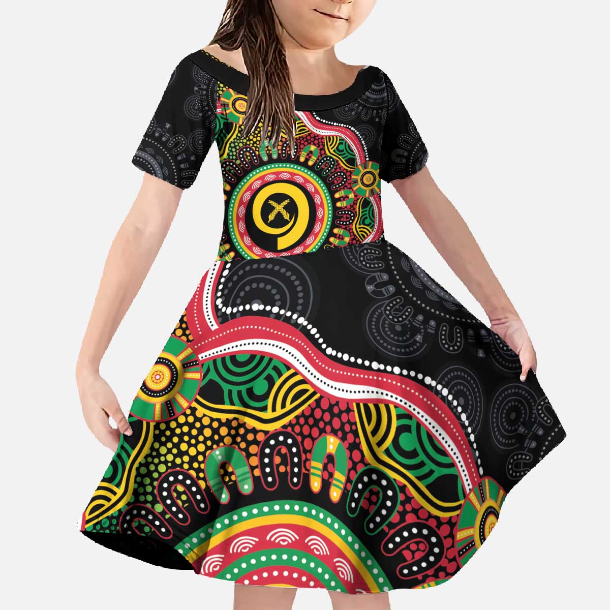 Vanuatu Personalised Family Matching Off The Shoulder Long Sleeve Dress and Hawaiian Shirt Aboriginal Dot Paitnting - Polynesian Pride