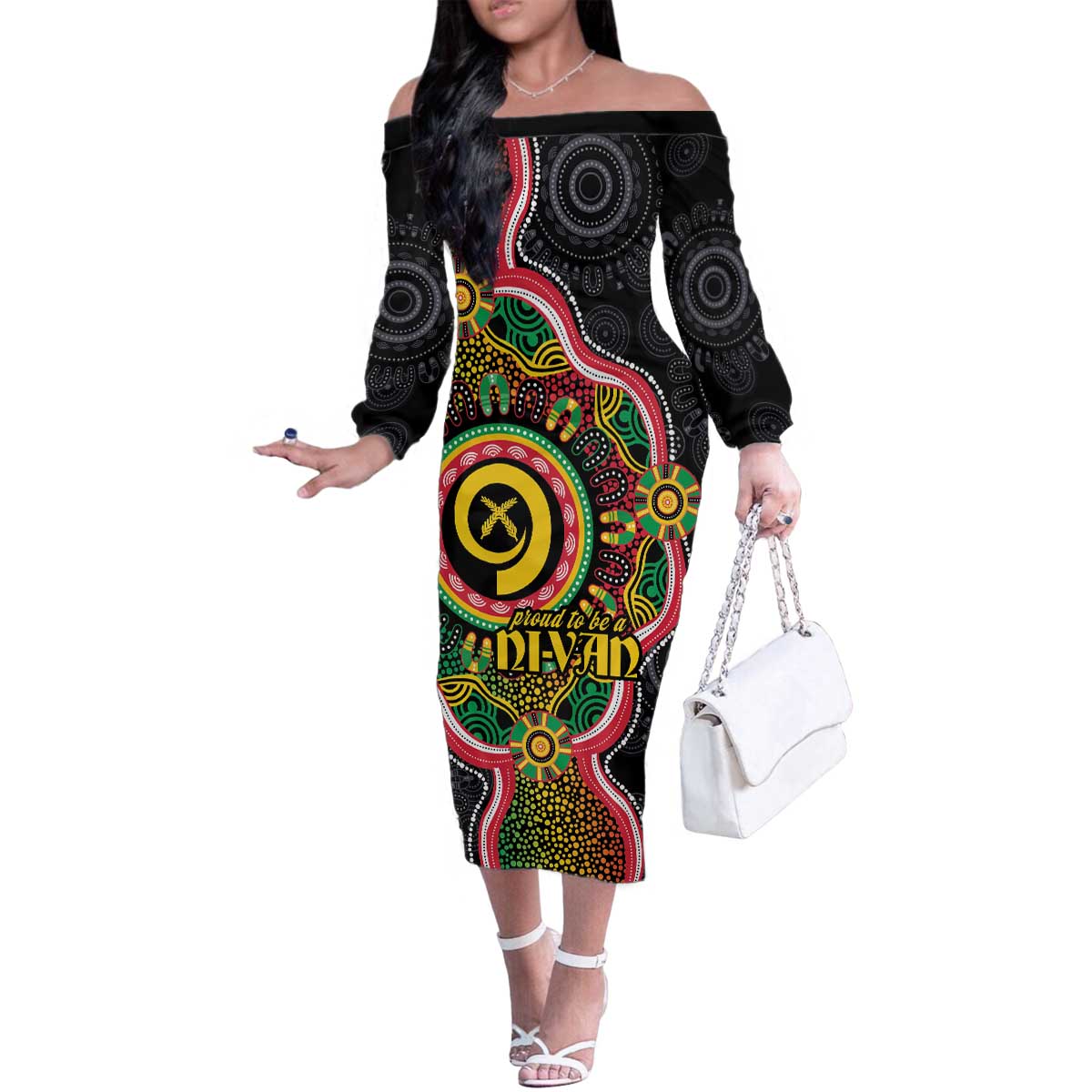 Vanuatu Personalised Family Matching Off The Shoulder Long Sleeve Dress and Hawaiian Shirt Aboriginal Dot Paitnting - Polynesian Pride