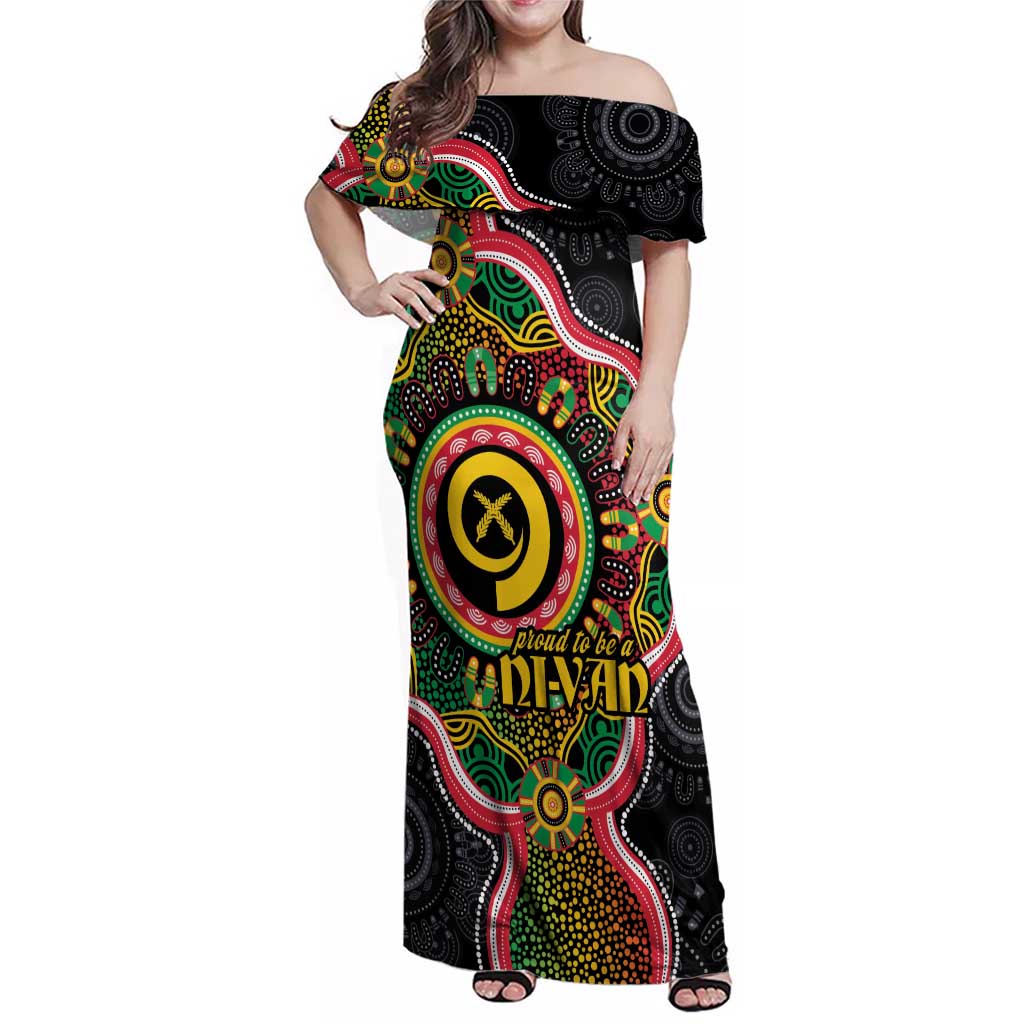 Vanuatu Personalised Family Matching Off Shoulder Maxi Dress and Hawaiian Shirt Aboriginal Dot Paitnting - Polynesian Pride