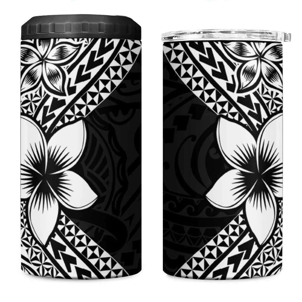 Lotu Tamaiti White Sunday 4 in 1 Can Cooler Tumbler Pacific Plumeria Flowers - Black Version