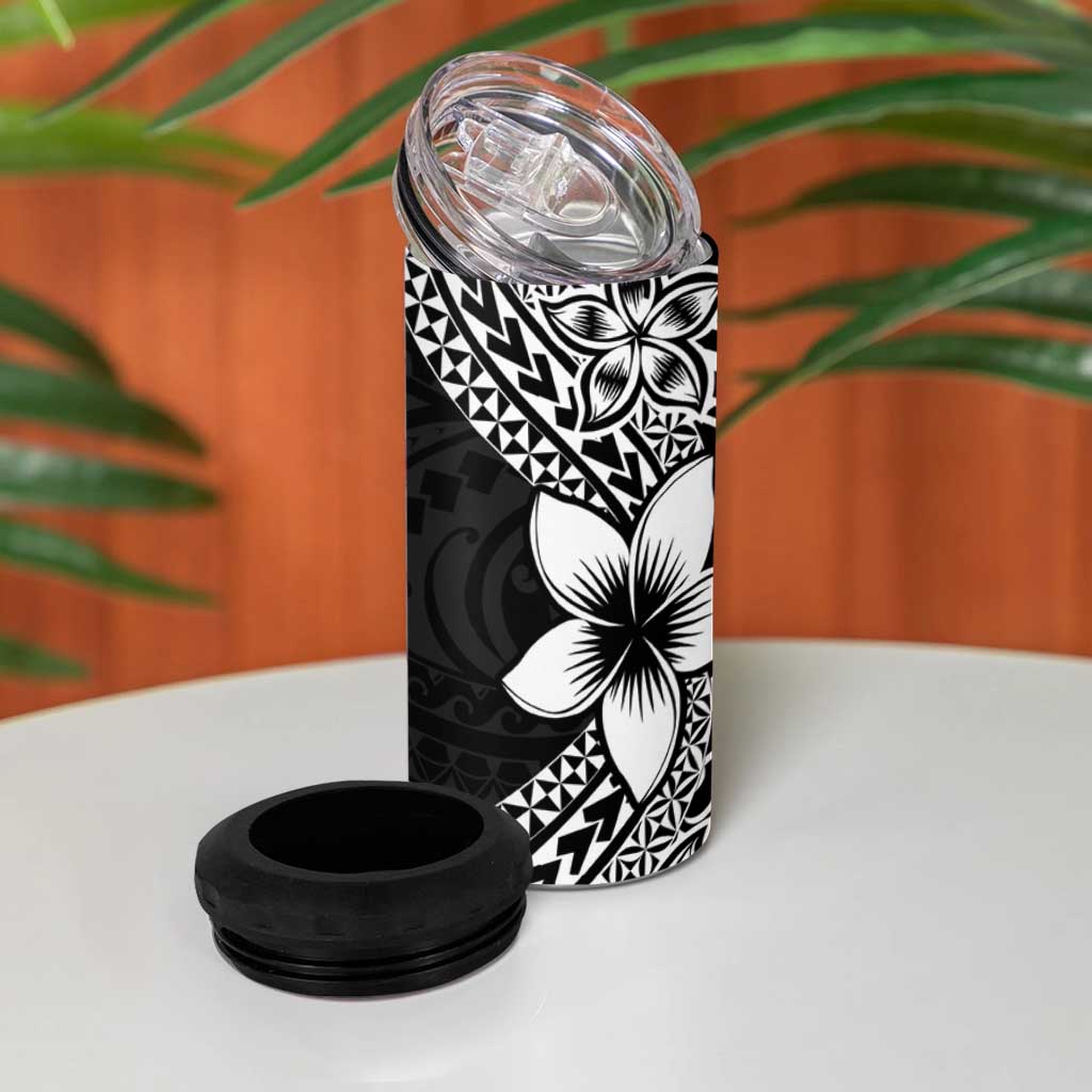 Lotu Tamaiti White Sunday 4 in 1 Can Cooler Tumbler Pacific Plumeria Flowers - Black Version