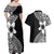 Lotu Tamaiti White Sunday Couples Matching Off Shoulder Maxi Dress and Hawaiian Shirt Pacific Plumeria Flowers - Black Version