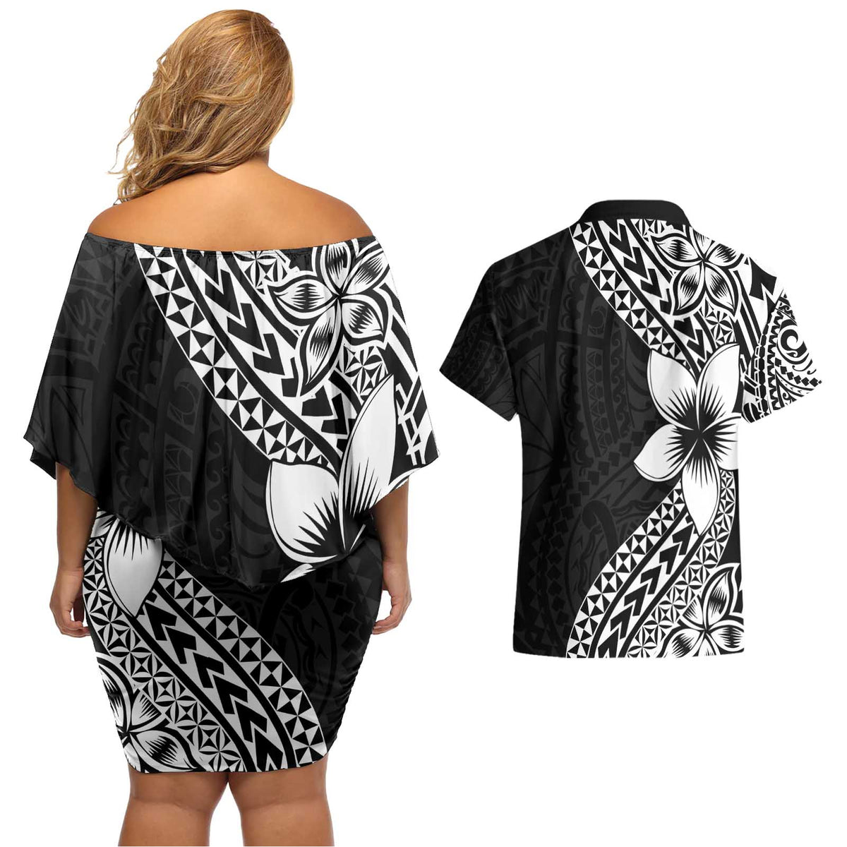 Lotu Tamaiti White Sunday Couples Matching Off Shoulder Short Dress and Hawaiian Shirt Pacific Plumeria Flowers - Black Version