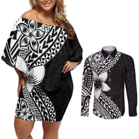 Lotu Tamaiti White Sunday Couples Matching Off Shoulder Short Dress and Long Sleeve Button Shirt Pacific Plumeria Flowers - Black Version