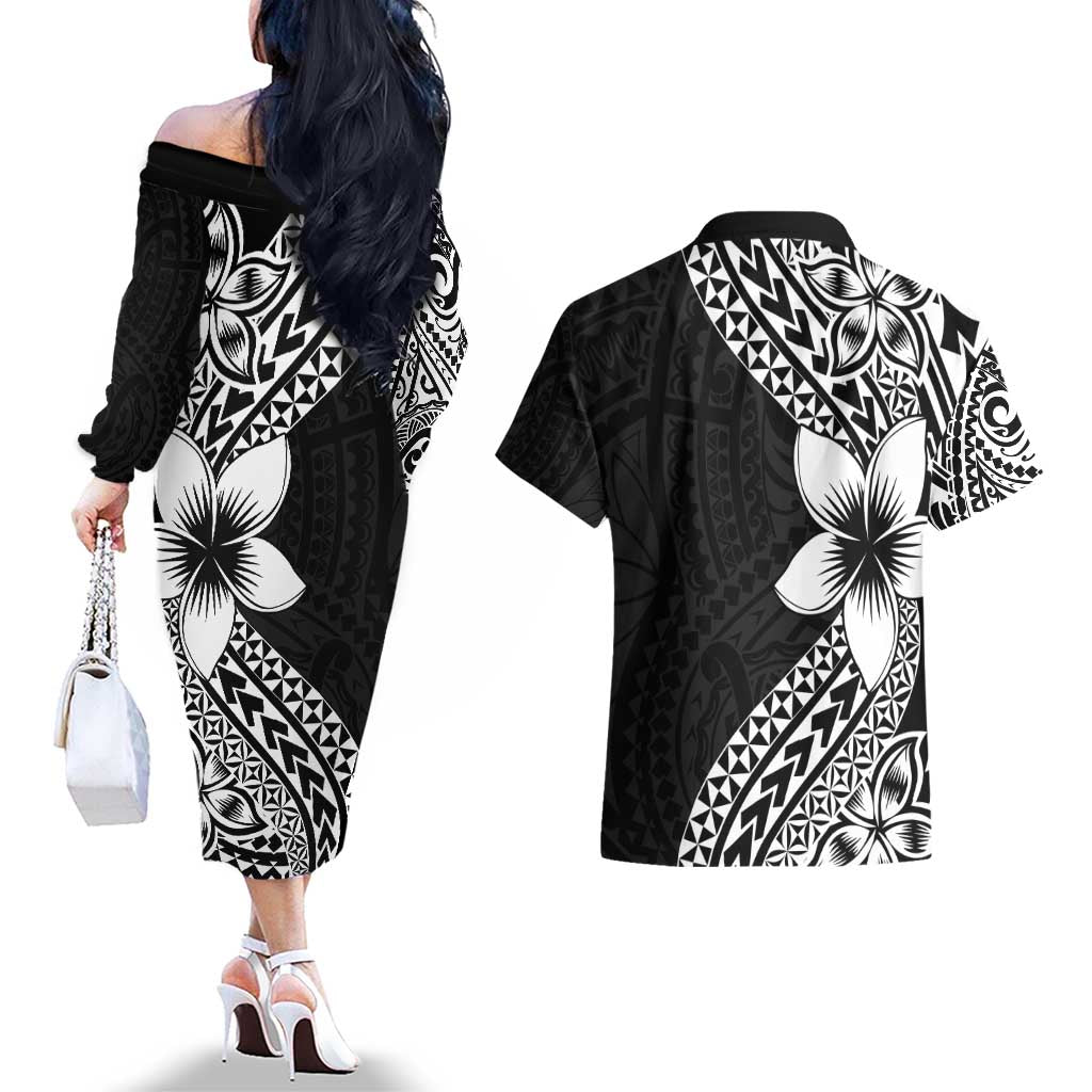 Lotu Tamaiti White Sunday Couples Matching Off The Shoulder Long Sleeve Dress and Hawaiian Shirt Pacific Plumeria Flowers - Black Version