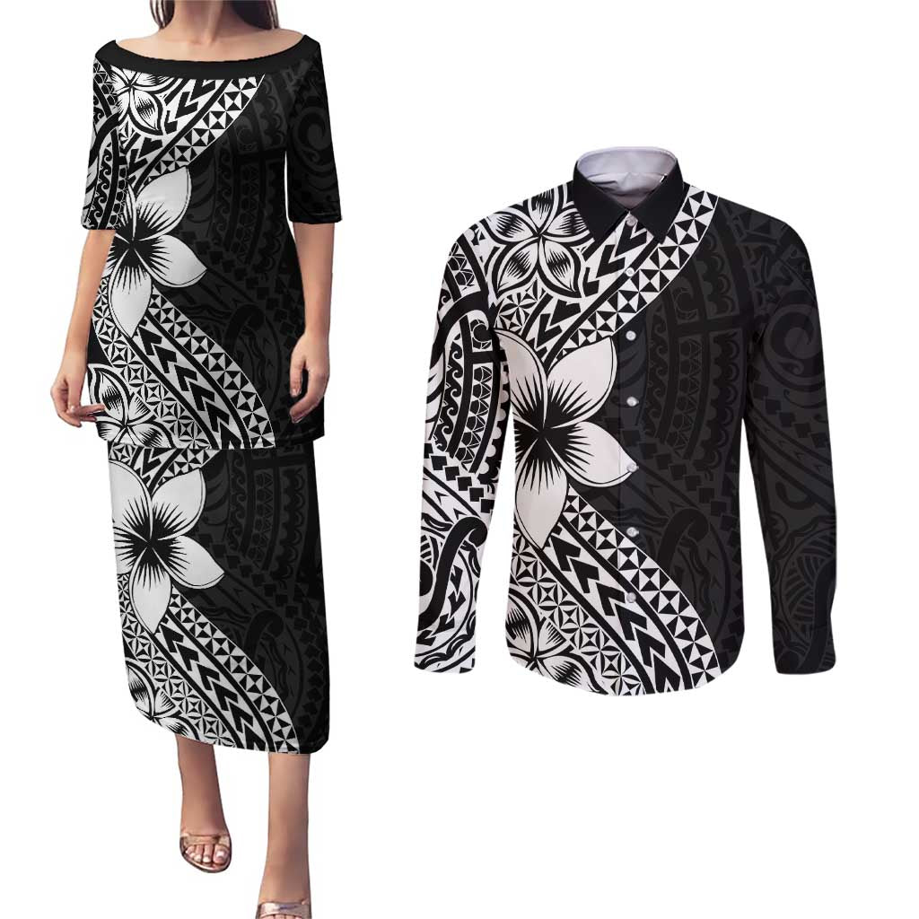 Lotu Tamaiti White Sunday Couples Matching Puletasi and Long Sleeve Button Shirt Pacific Plumeria Flowers - Black Version