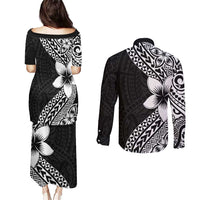Lotu Tamaiti White Sunday Couples Matching Puletasi and Long Sleeve Button Shirt Pacific Plumeria Flowers - Black Version