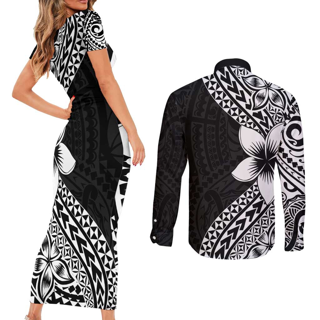 Lotu Tamaiti White Sunday Couples Matching Short Sleeve Bodycon Dress and Long Sleeve Button Shirt Pacific Plumeria Flowers - Black Version