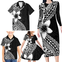 Lotu Tamaiti White Sunday Family Matching Long Sleeve Bodycon Dress and Hawaiian Shirt Pacific Plumeria Flowers - Black Version LT9 - Polynesian Pride