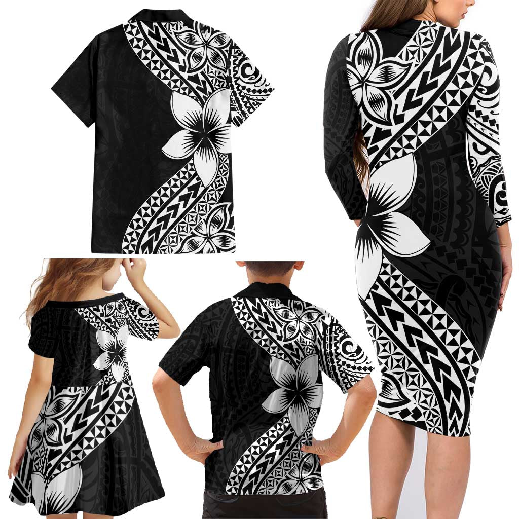 Lotu Tamaiti White Sunday Family Matching Long Sleeve Bodycon Dress and Hawaiian Shirt Pacific Plumeria Flowers - Black Version LT9 - Polynesian Pride