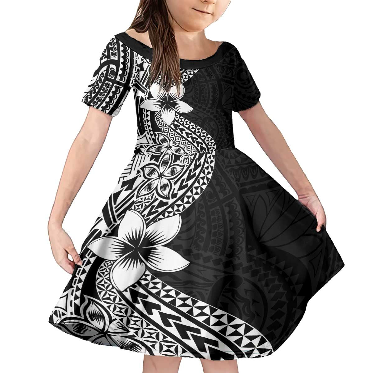Lotu Tamaiti White Sunday Family Matching Puletasi and Hawaiian Shirt Pacific Plumeria Flowers - Black Version LT9 Daughter's Dress Black - Polynesian Pride