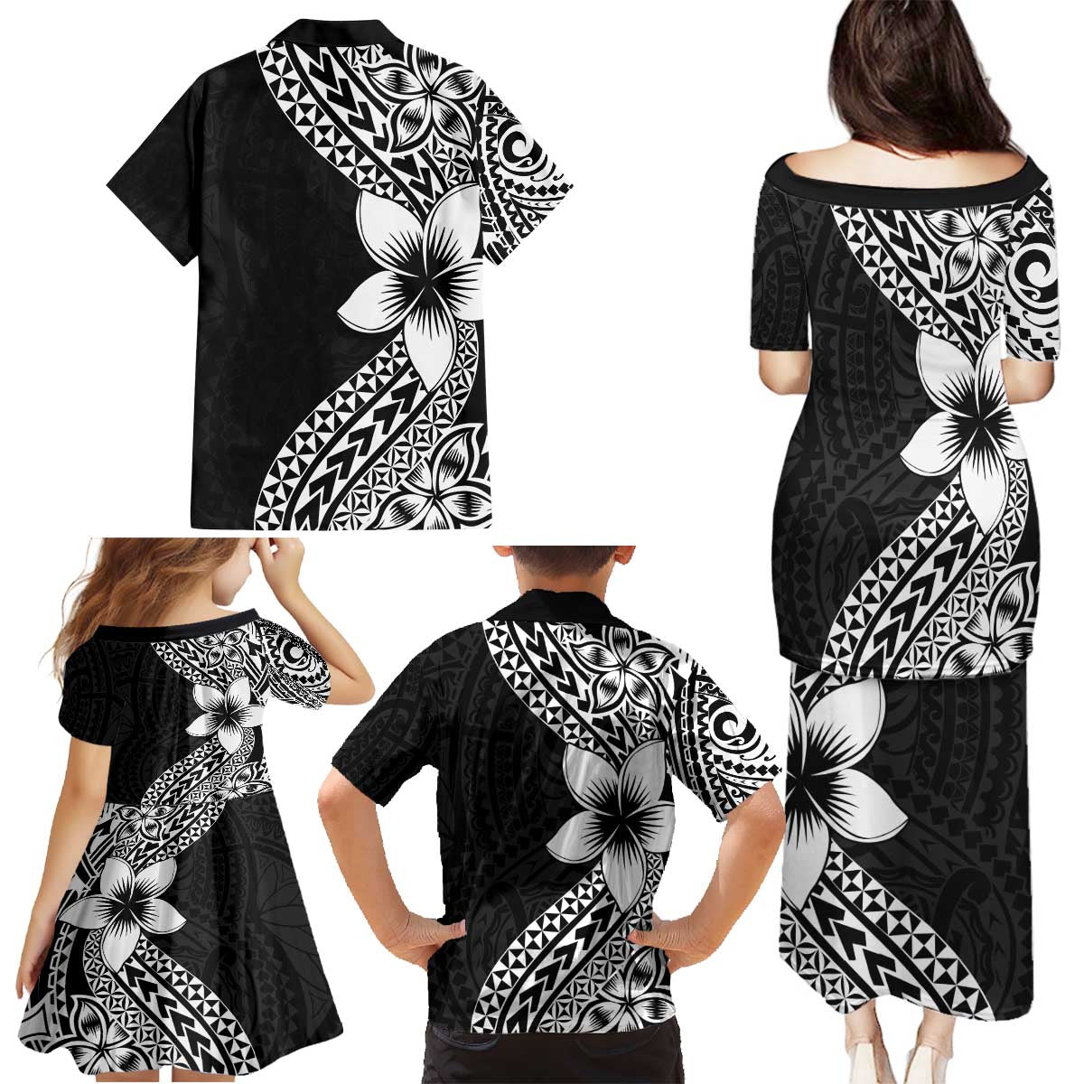 Lotu Tamaiti White Sunday Family Matching Puletasi and Hawaiian Shirt Pacific Plumeria Flowers - Black Version LT9 - Polynesian Pride