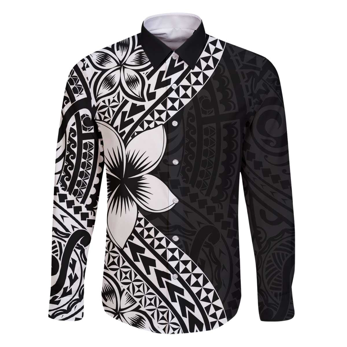 Lotu Tamaiti White Sunday Family Matching Puletasi and Hawaiian Shirt Pacific Plumeria Flowers - Black Version LT9 Dad's Shirt - Long Sleeve Black - Polynesian Pride