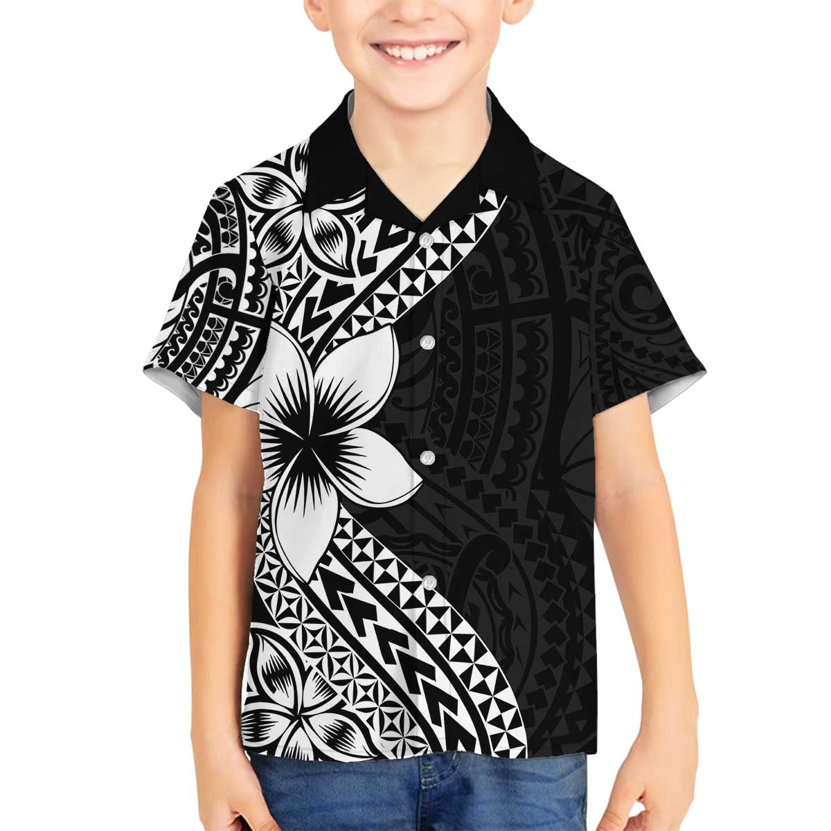 Lotu Tamaiti White Sunday Family Matching Puletasi and Hawaiian Shirt Pacific Plumeria Flowers - Black Version LT9 Son's Shirt Black - Polynesian Pride