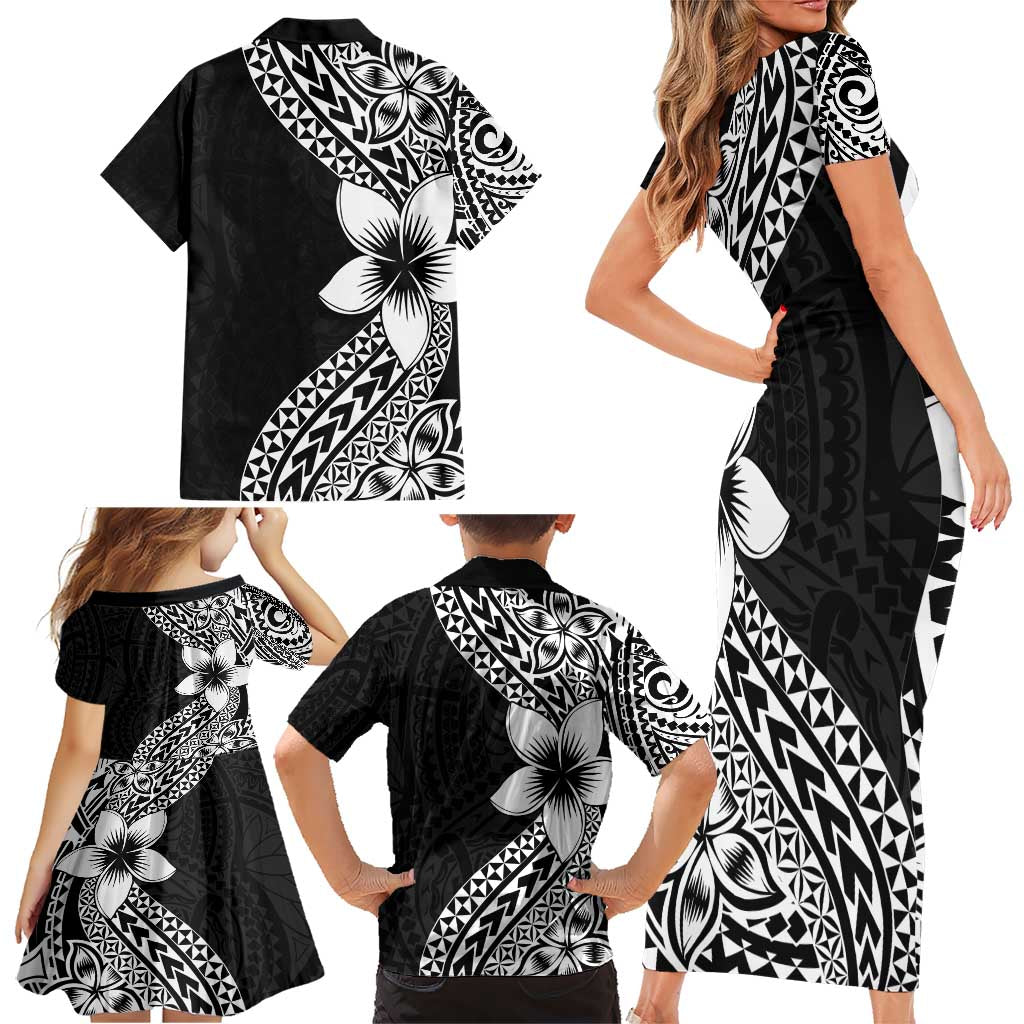 Lotu Tamaiti White Sunday Family Matching Short Sleeve Bodycon Dress and Hawaiian Shirt Pacific Plumeria Flowers - Black Version LT9 - Polynesian Pride