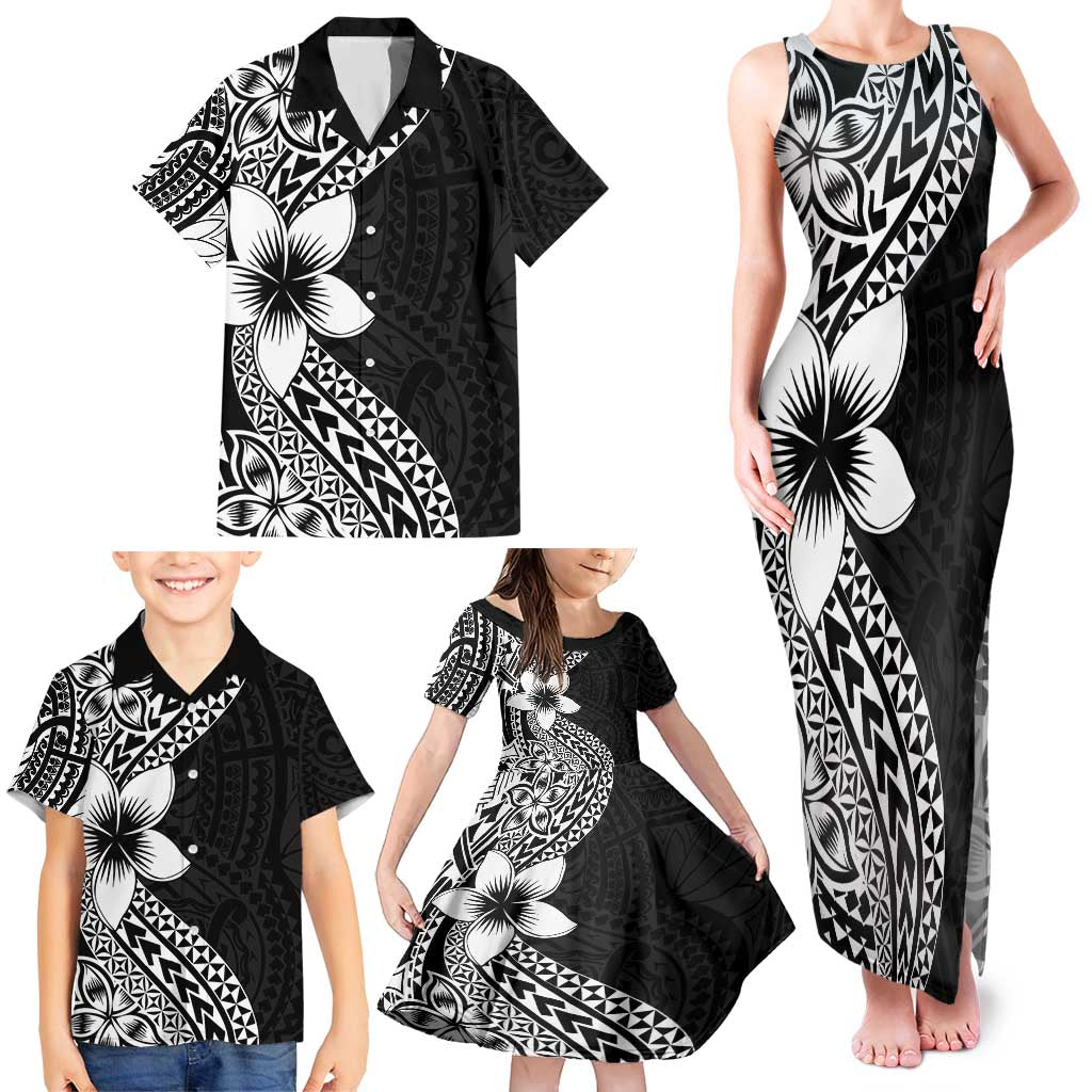 Lotu Tamaiti White Sunday Family Matching Tank Maxi Dress and Hawaiian Shirt Pacific Plumeria Flowers - Black Version