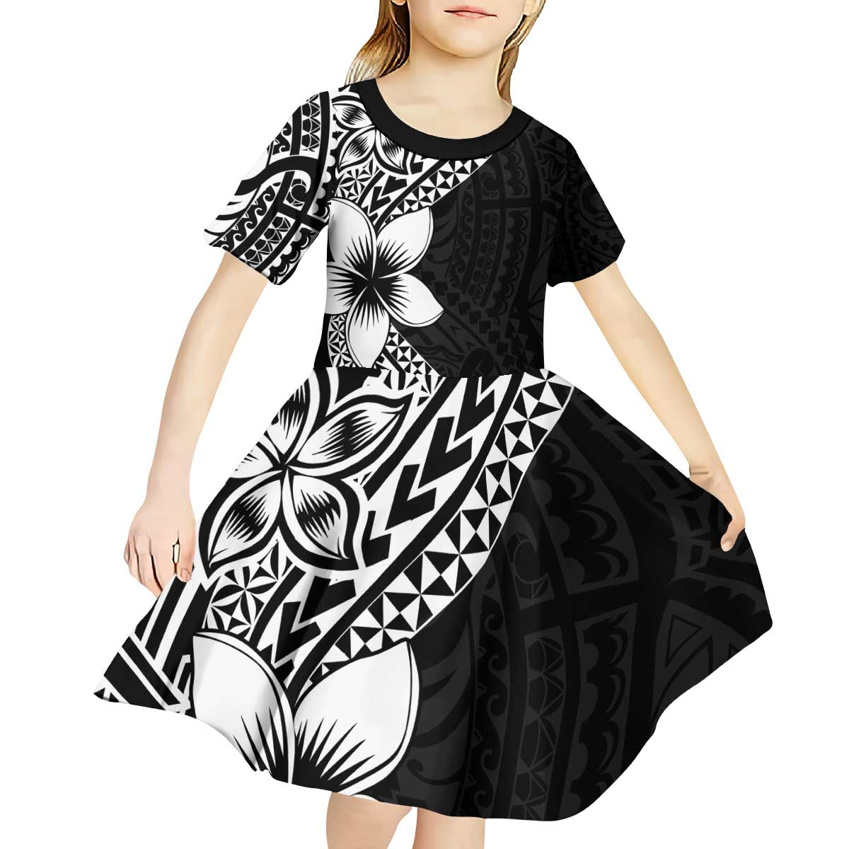 Lotu Tamaiti White Sunday Kid Short Sleeve Dress Pacific Plumeria Flowers - Black Version