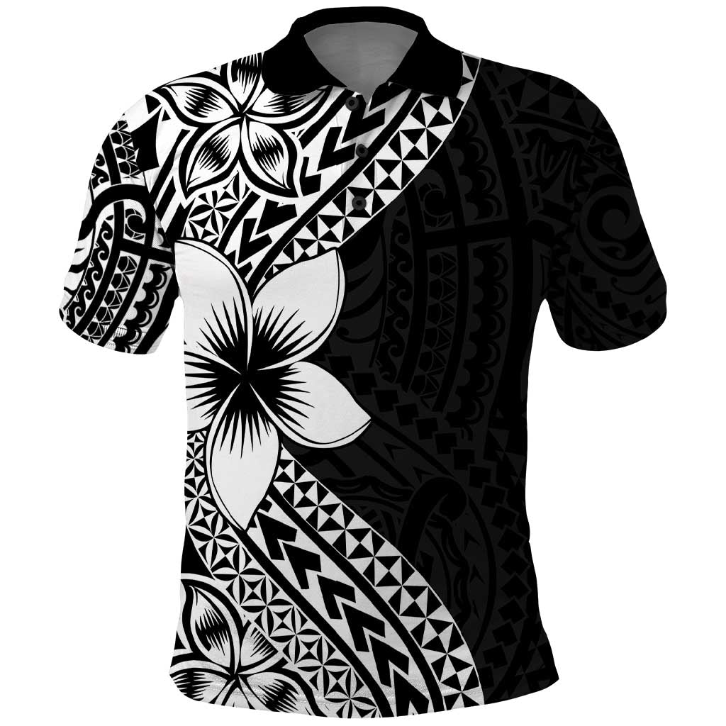 Lotu Tamaiti White Sunday Polo Shirt Pacific Plumeria Flowers - Black Version