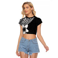 Lotu Tamaiti White Sunday Raglan Cropped T Shirt Pacific Plumeria Flowers - Black Version