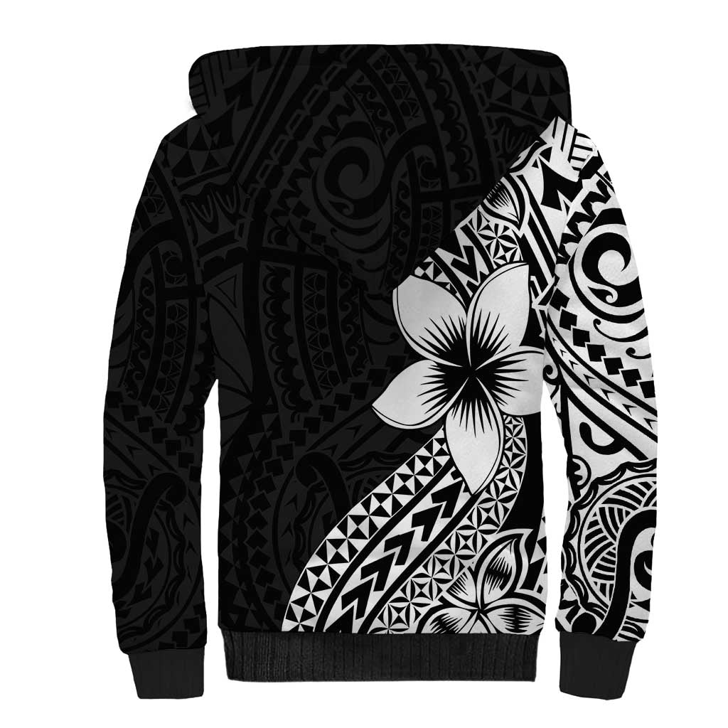 Lotu Tamaiti White Sunday Sherpa Hoodie Pacific Plumeria Flowers - Black Version