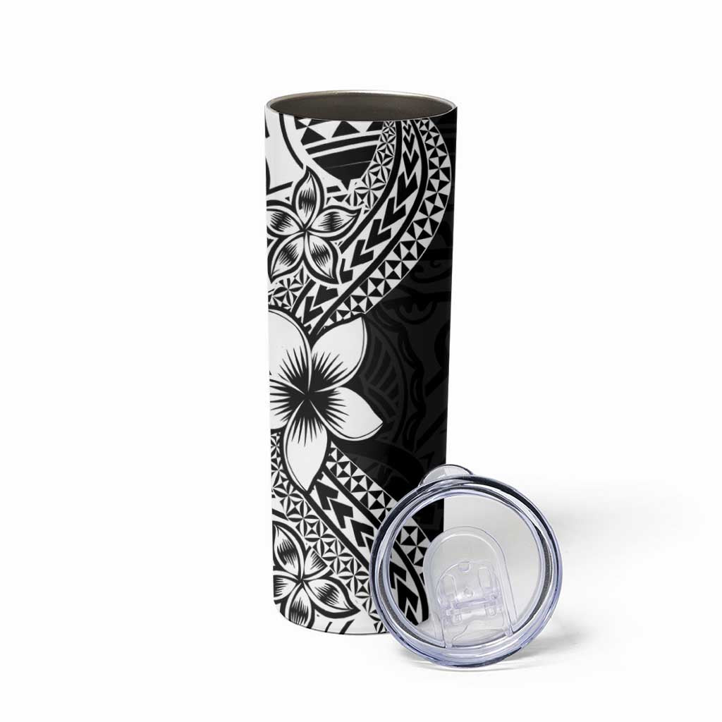 Lotu Tamaiti White Sunday Skinny Tumbler Pacific Plumeria Flowers - Black Version