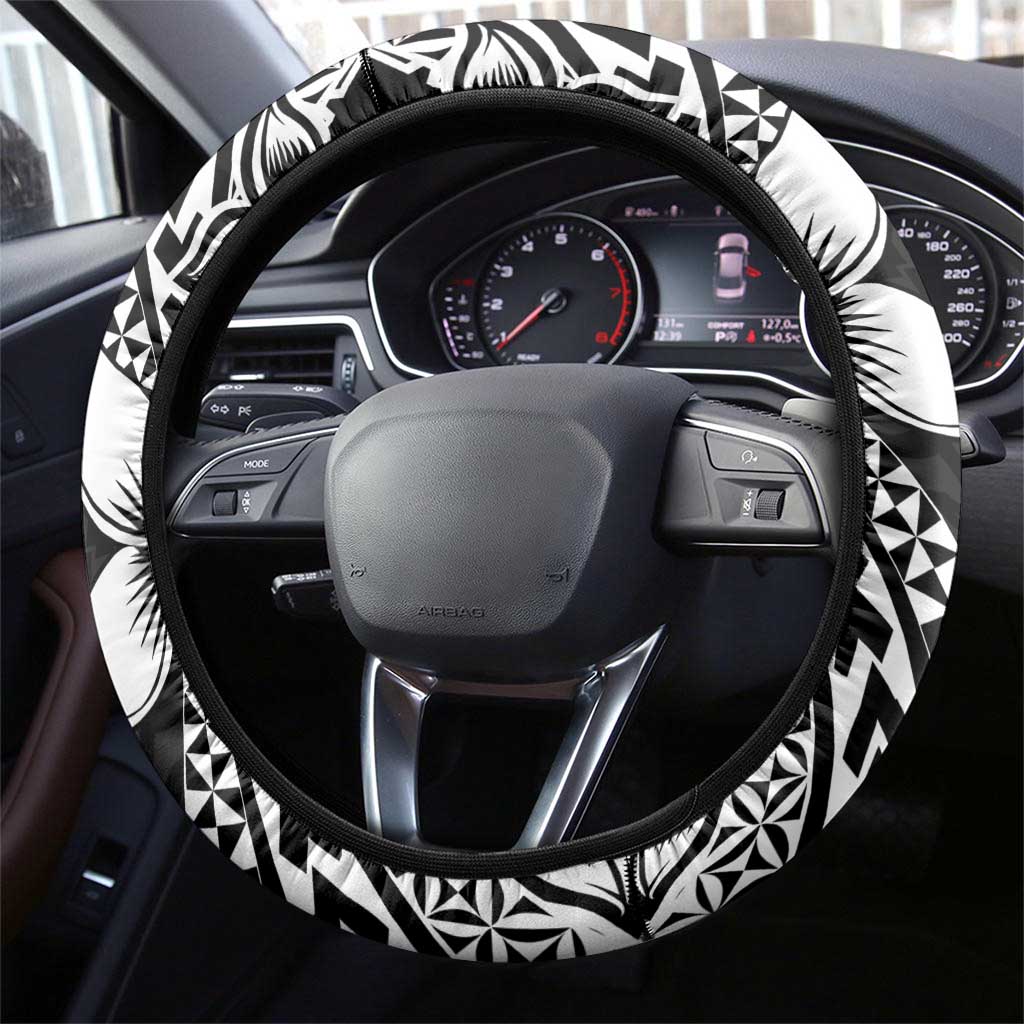 Lotu Tamaiti White Sunday Steering Wheel Cover Pacific Plumeria Flowers - Black Version
