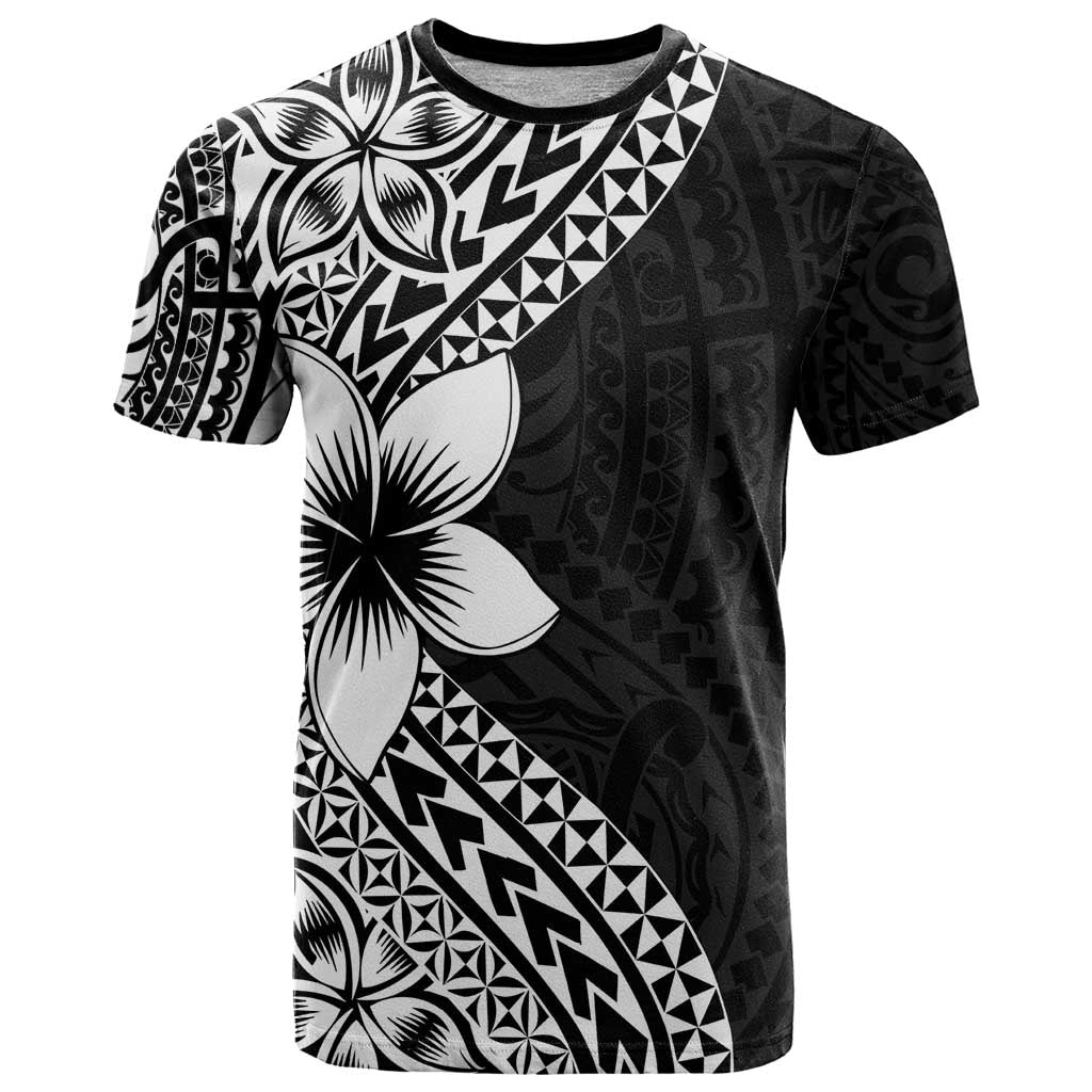Lotu Tamaiti White Sunday T Shirt Pacific Plumeria Flowers - Black Version