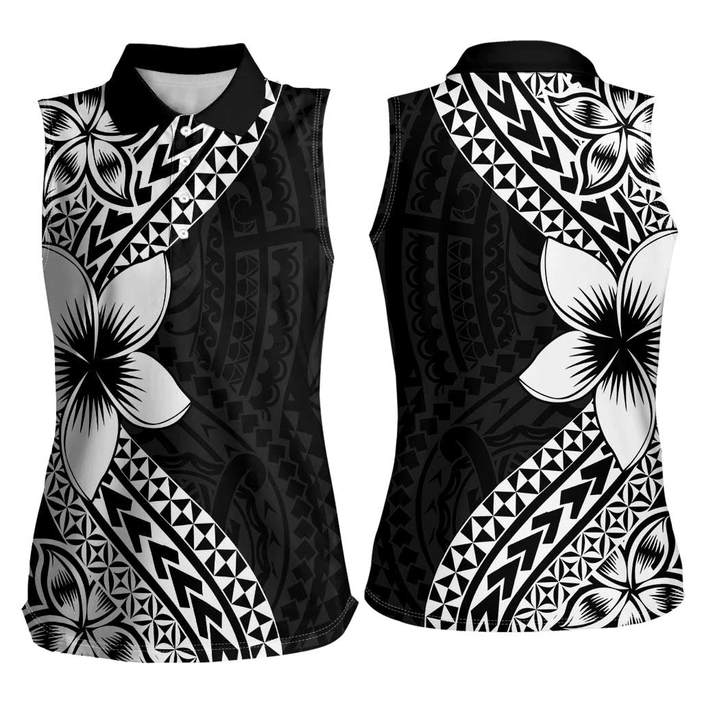 Lotu Tamaiti White Sunday Women Sleeveless Polo Shirt Pacific Plumeria Flowers - Black Version