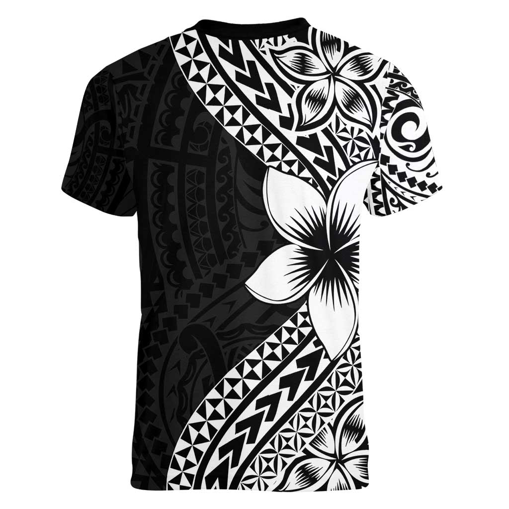Lotu Tamaiti White Sunday Women V-Neck T-Shirt Pacific Plumeria Flowers - Black Version
