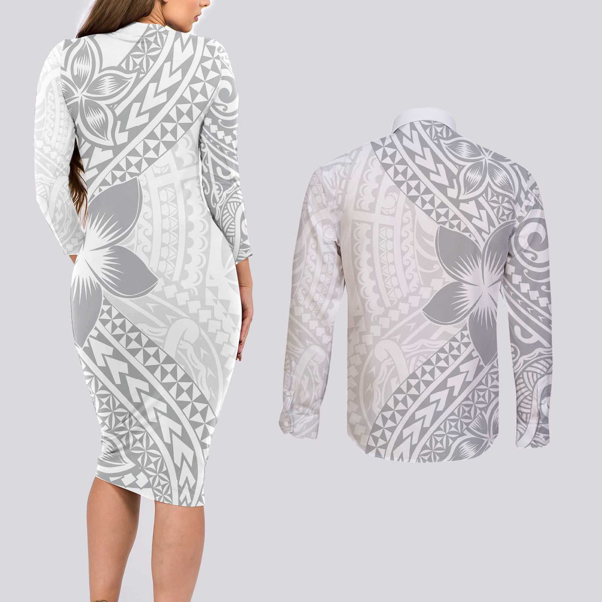 Lotu Tamaiti White Sunday Couples Matching Long Sleeve Bodycon Dress and Long Sleeve Button Shirt Pacific Plumeria Flowers - White Version